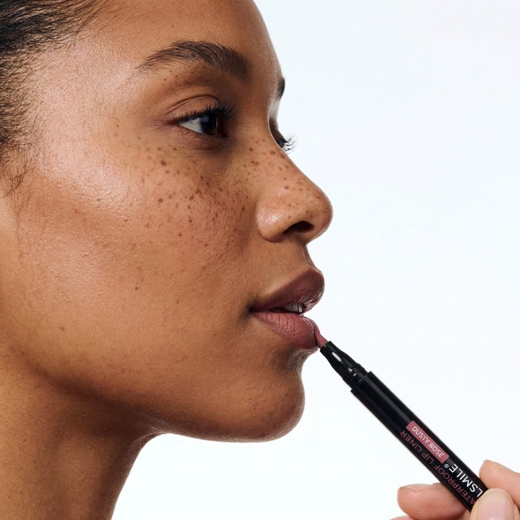 Application du crayon Lip Sculpt teinte rose poudré sur les lèvres, vue de profil